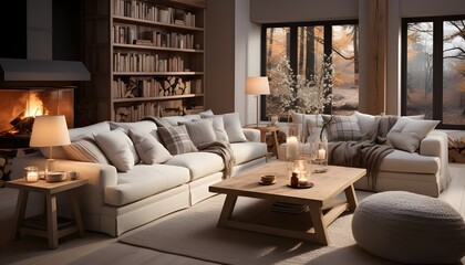 Hygge Comfort: Beige Sofa with Plaid and Fur Cushions in a Scandinavian-Style Living Room