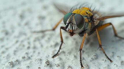 close up of a fly on the wall, eyes in focus