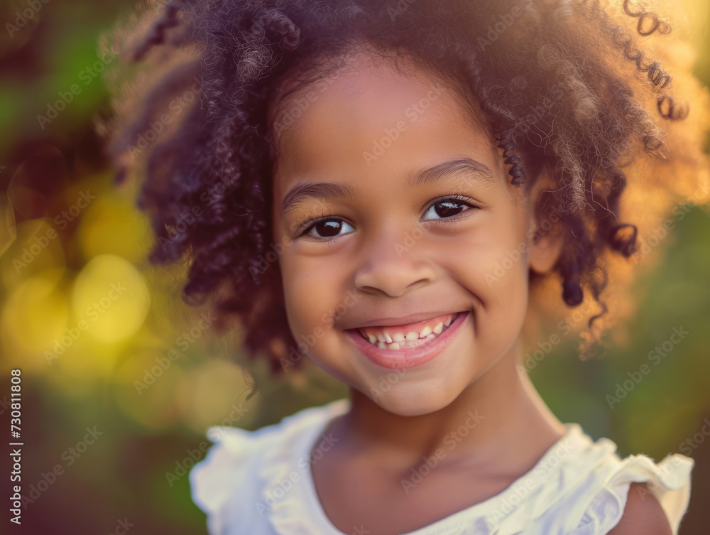 Wall mural portrait of a cute little african american girl smiling outdoors