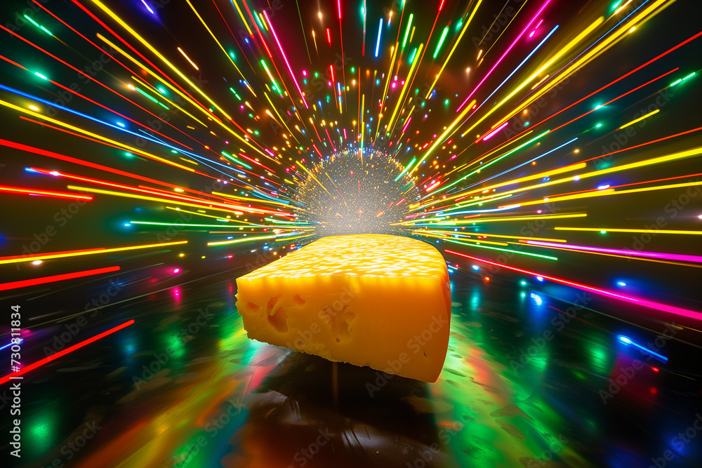 Poster cheese on the black background with colorful rays. 3d rendering