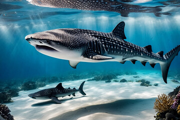 Whale shark (Rhincodon typus) mammal swimming in tropical underwaters. Shark in underwater wild animal world. Observation of wildlife ocean. Scuba diving adventure in Ecuador coast. Copy text space