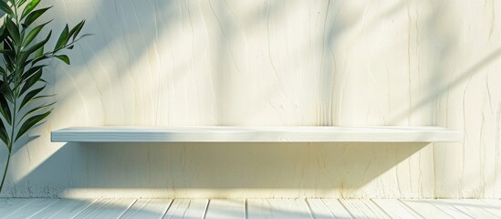 Empty white wooden shelf for decorating on a sunny summer day.