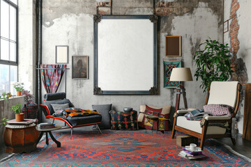 Living Room With Furniture and Large Mirror