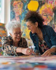 Fototapeta premium Portrait of happy senior woman painting with her granddaughter in art studio