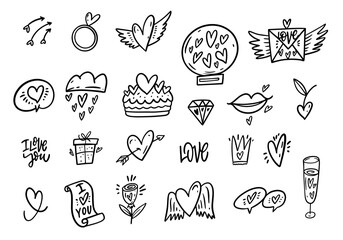 Hand drawn line art style doodle elements love set.