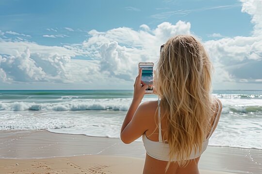 A blonde woman at the beach taking picture in summer.