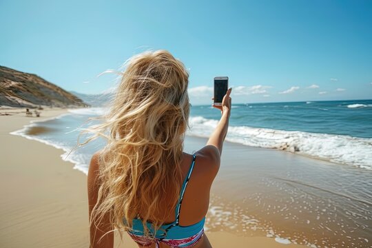 A blonde woman at the beach taking picture in summer.