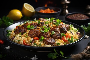 The concept of middle East cuisine. Assorted Uzbek food set, pilaf, samsa, lagman, manti, shurpa eastern restaurant concept, Uzbek food. pilaf or plov from lamb served in cast iron cookware.