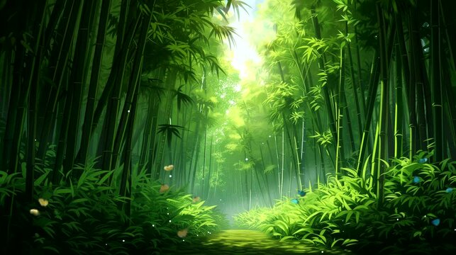 A dense bamboo forest creating a serene and quiet atmosphere. Fantasy landscape anime or cartoon style, seamless looping 4k time-lapse virtual video animation background