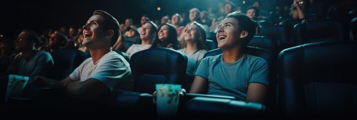 Young people watching movies in the cinema - obrazy, fototapety, plakaty