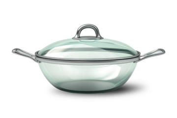 A glass casserole dish with a lid, ideal for cooking and presenting delicious meals in the kitchen. isolated