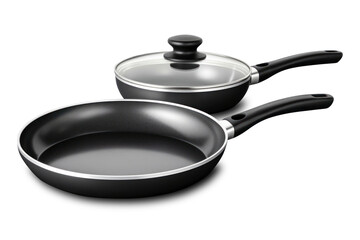 Two frying pans placed side by side on a countertop, showcasing their sturdy handles and non-stick surfaces. isolated
