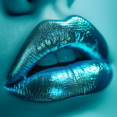 Sparkling Cyan Lipstick Fashion Macro Shot