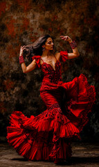 Fototapeta premium Beautiful Spirited Spanish Woman Dancing Flamenco with a Beautiful Dress Traditional Spain Folklore Wallpaper Digital Art Magazine Background Poster Card