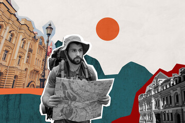 Collage artwork picture of dreamy guy enjoying traveling looking route map isolated graphical...