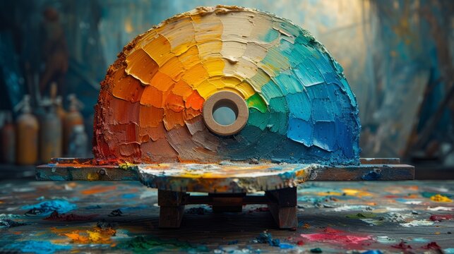 painters table in the middle of the atelier  with the color wheel, palette, painting, art