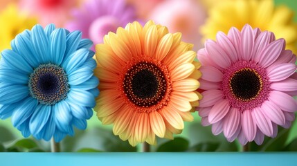 three colorful Gerber flowers, blue, orange, pink