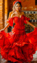 Fototapeta premium Beautiful Spirited Spanish Woman Dancing Flamenco with a Beautiful Dress Traditional Spain Folklore Wallpaper Digital Art Magazine Background Poster Card
