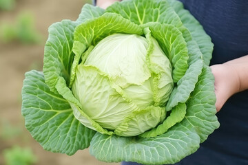 Fototapeta premium Freshly picked, vibrant green cabbage cradled in a farmer's hands, showcasing the wholesome bounty of homegrown produce.