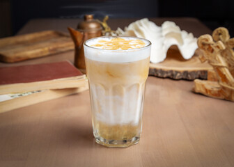 Iced coffee latte in a glass glass.