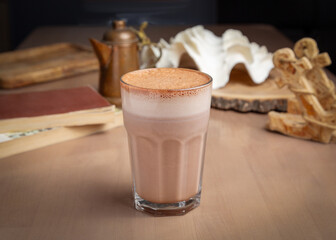 Chocolate milkshake in a glass glass.