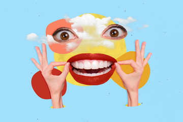 Collage picture of face pieces arms fingers hold beaming smile mouth red lips eyes clouds sky look...