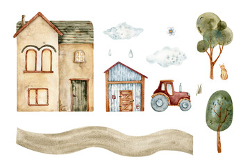 A houses is watercolor hand drawn illustration. house, cottage, country house, townhouse, tractor