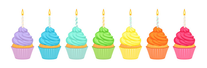 Cupcakes in rainbow colors with candles. Vector cartoon illustration of holiday baking.