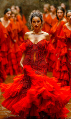 Fototapeta premium Beautiful Spirited Spanish Woman Dancing Flamenco with a Beautiful Dress Traditional Spain Folklore Wallpaper Digital Art Magazine Background Poster Card