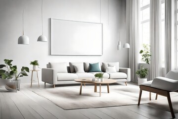 Enter a realm of understated elegance with a minimalist living room backdrop, featuring a white blank frame on an empty wall, invoking the spirit of Scandinavian design.