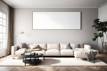 Indulge in the contemporary elegance of this living room, where a minimalist sofa, an empty wall mockup, and a white blank frame offer a canvas for personal expression.