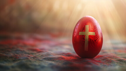 Red Easter egg with a golden catholic cross - obrazy, fototapety, plakaty