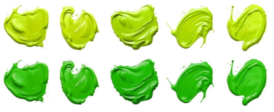 2 Collection set of dark light green lime, blob paint ink liquid smear smudge swatch cream gel wax on transparent background cutout, PNG file. Many different design. Mockup template artwork graphic