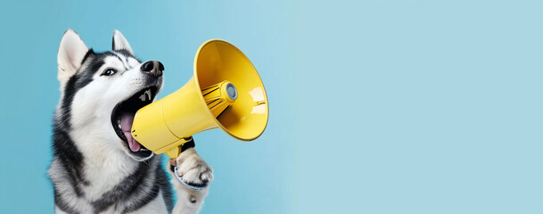 Funny husky dog is holding a yellow loudspeaker. Copy space for text
