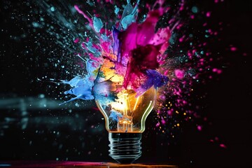 Creative colored light bulb with paint splashes. - obrazy, fototapety, plakaty