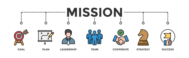 Mission banner web icon vector illustration concept with icon of goal, plan, leadership, team, cooperate, strategy and success