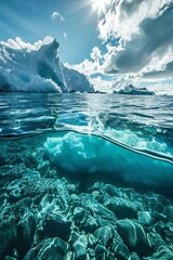 Iceberg in the ocean with a stunning view under water. Vertical