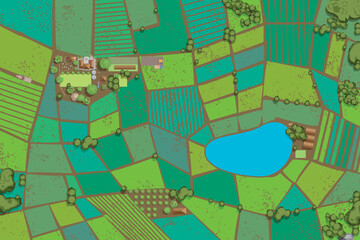 Vector illustration of a top view of agricultural fields. View from above. Farm. Green fields of regular geometric shape. Lake. Roads. Trees. - 730816281
