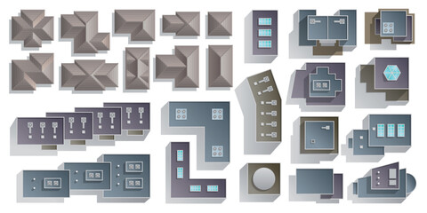 Vector illustration of an overhead view of different types of roofs of modern buildings. Top view to create an architectural plan of a district, city, village. View from above.