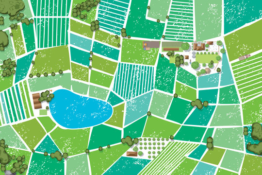 Vector illustration of a top view of agricultural fields. View from above. Farm. Green fields of regular geometric shape. Lake. Roads. Trees.