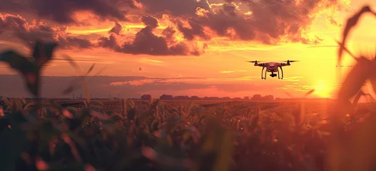 Papier Peint photo Orange Drone hovers above sprawling cornfield at sunset capturing synergy of modern technology and agriculture aerial view showcases advanced farming techniques remote controlled