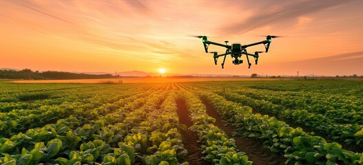 Drone hovers above sprawling cornfield at sunset capturing synergy of modern technology and agriculture aerial view showcases advanced farming techniques remote controlled - obrazy, fototapety, plakaty