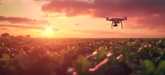 Foto op Plexiglas Drone hovers above sprawling cornfield at sunset capturing synergy of modern technology and agriculture aerial view showcases advanced farming techniques remote controlled © Wuttichai