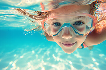 Naklejka premium Child girl swim underwater in pool. Sport lesson