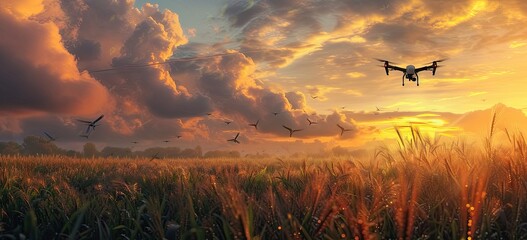 Drone hovers above sprawling cornfield at sunset capturing synergy of modern technology and agriculture aerial view showcases advanced farming techniques remote controlled - obrazy, fototapety, plakaty