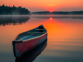 Tranquil Sunrise over Calm Lake with Canoe