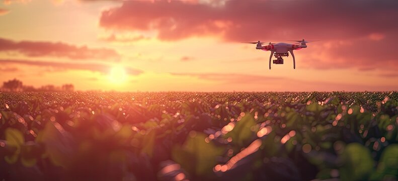 Drone hovers above sprawling cornfield at sunset capturing synergy of modern technology and agriculture aerial view showcases advanced farming techniques remote controlled