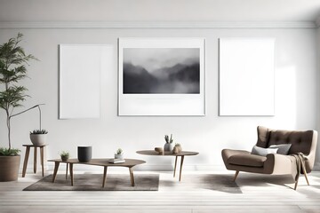 Experience the essence of contemporary living, captured in a minimalist room with a Scandinavian flair, an empty wall mockup, and a white blank frame as a focal point.