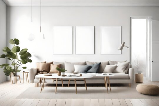 Explore the allure of modern minimalism in a living room setting, featuring Scandinavian influences, an empty wall mockup, and a white blank frame ready for customization.