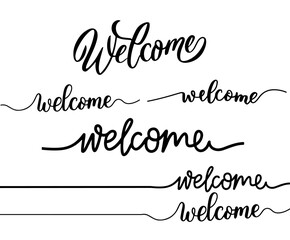 Continuous One Line Drawing Of Welcome. Welcome calligraphy hand written black dark colour.Vector illustration as logotype, icon, card. Freehand word isolated vector calligraphy